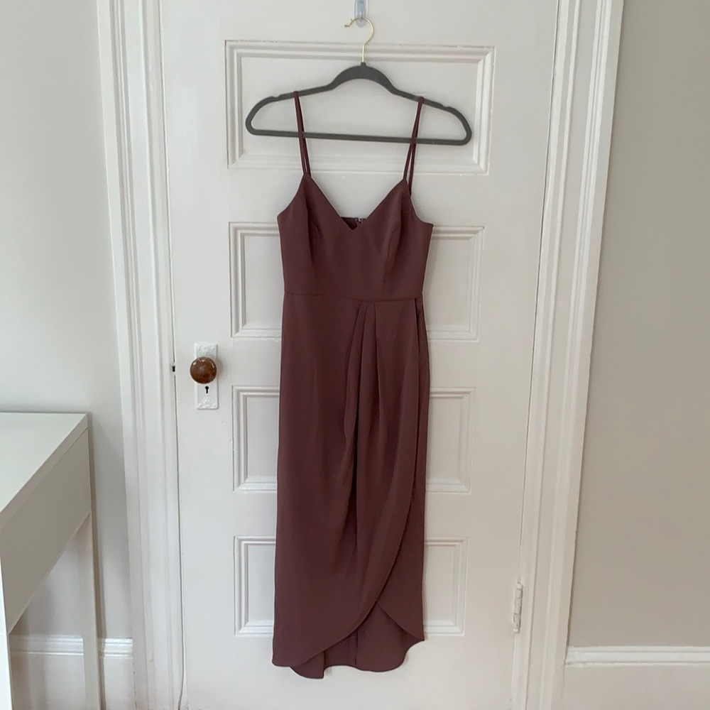 Mauve purple midi dress, wedding guest dress
